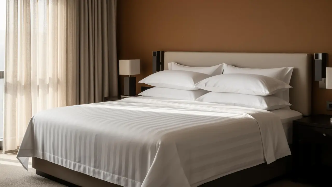 Premium hotel suite bedroom dressed in Royal Mills cotton sateen bed linen